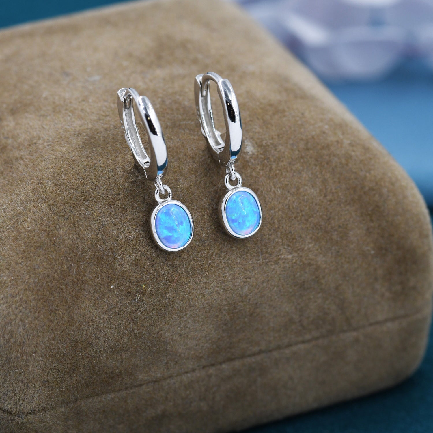 Sterling Silver Dangling Oval Blue Opal Hoop Earrings, Blue Opal Charm Dangle Hoop Earrings, Silver or Gold
