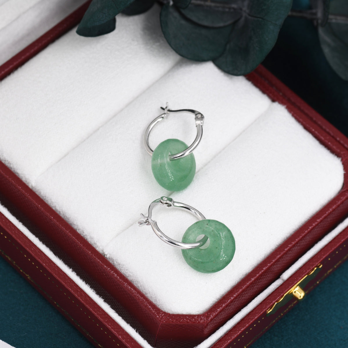 Sterling Silver Dangling Green Aventurine Jade Donut Hoop Earrings, Detachable Green Jade Coin Charm Dangle Hoop Earrings, Silver or Gold