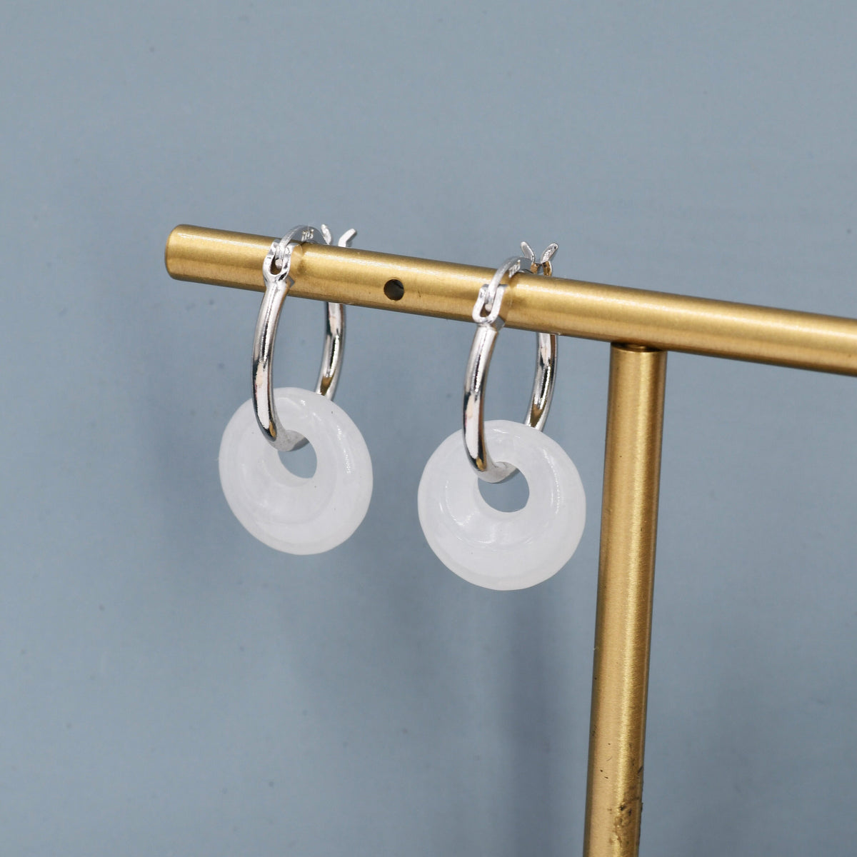 White Jade Detachable Donut Charm Hoop Earrings