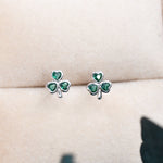 Green CZ Shamrock Tiny Stud Earrings in Sterling Silver, Clover Earrings, Irish Earrings, Silver or Gold Flower Earrings