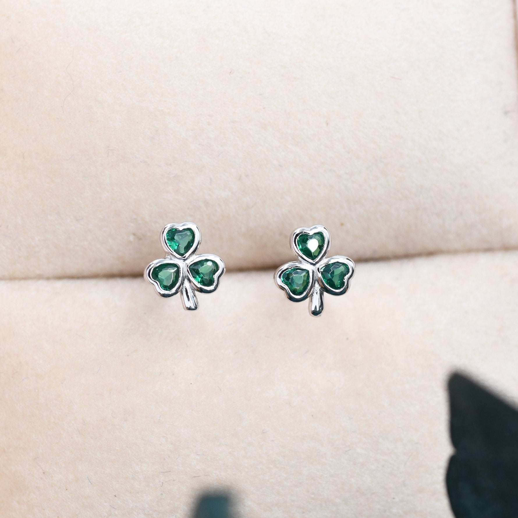 Green CZ Shamrock Tiny Stud Earrings in Sterling Silver, Clover Earrings, Irish Earrings, Silver or Gold Flower Earrings