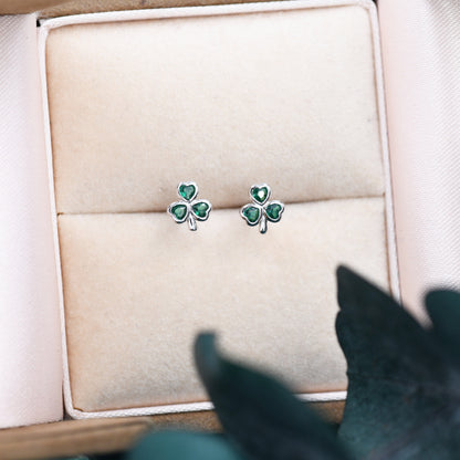 Green CZ Shamrock Tiny Stud Earrings in Sterling Silver, Clover Earrings, Irish Earrings, Silver or Gold Flower Earrings