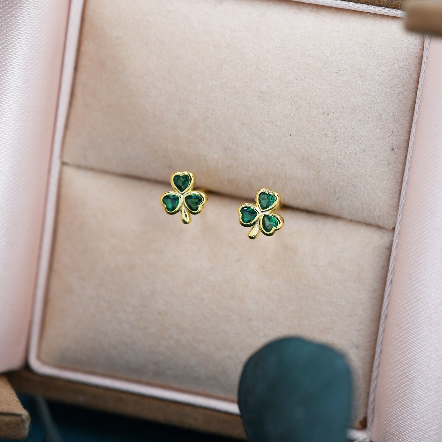 Green CZ Shamrock Tiny Stud Earrings in Sterling Silver, Clover Earrings, Irish Earrings, Silver or Gold Flower Earrings