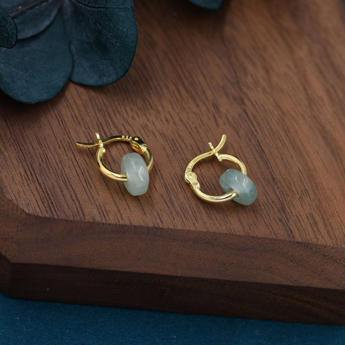 Sterling Silver Aventurine Jade Donut Huggie Hoop Earrings, Detachable Green Jade Coin Charm Dangle Hoop Earrings, Silver or Gold
