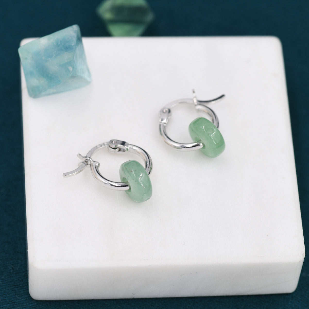 Sterling Silver Aventurine Jade Donut Huggie Hoop Earrings, Detachable Green Jade Coin Charm Dangle Hoop Earrings, Silver or Gold