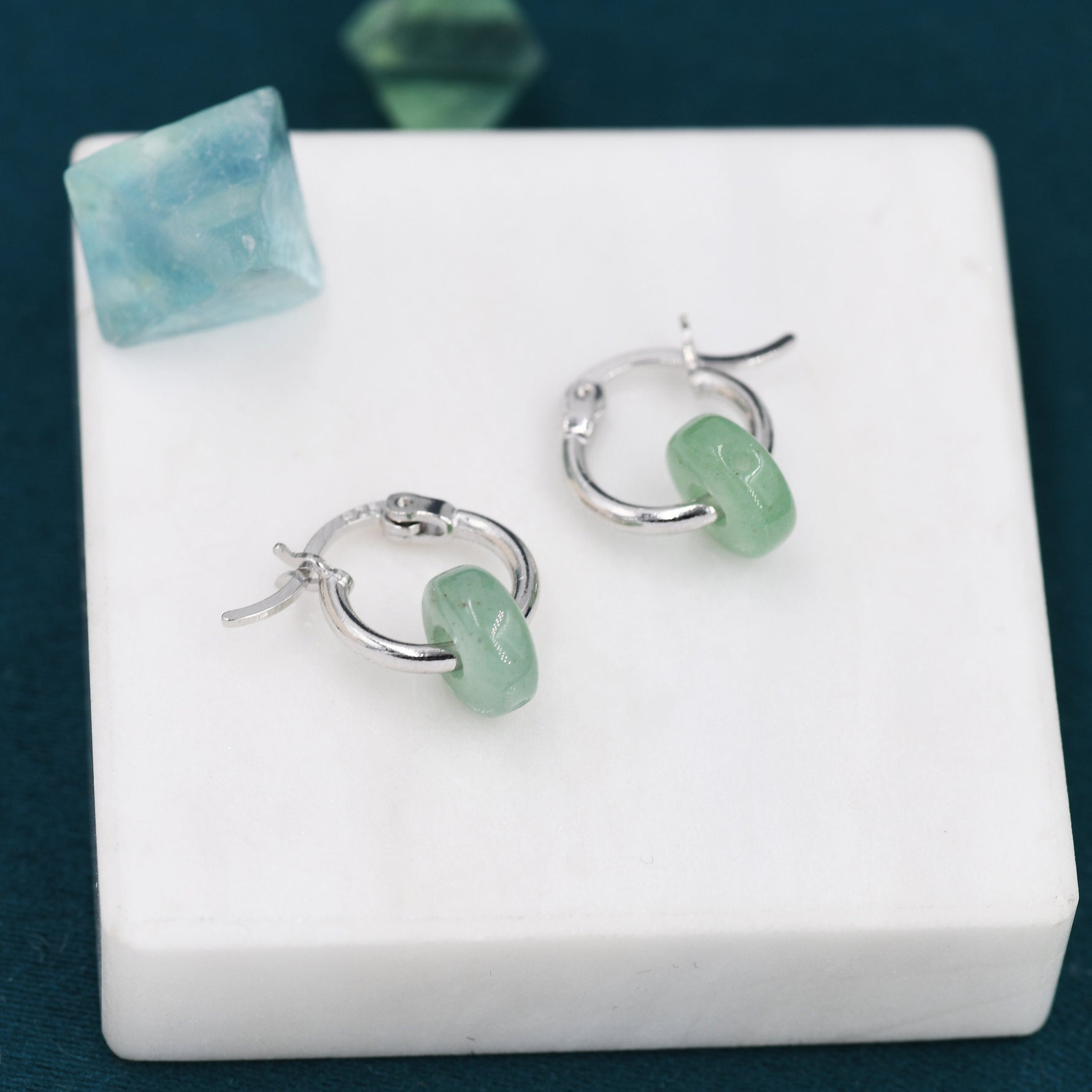 Sterling Silver Aventurine Jade Donut Huggie Hoop Earrings, Detachable Green Jade Coin Charm Dangle Hoop Earrings, Silver or Gold