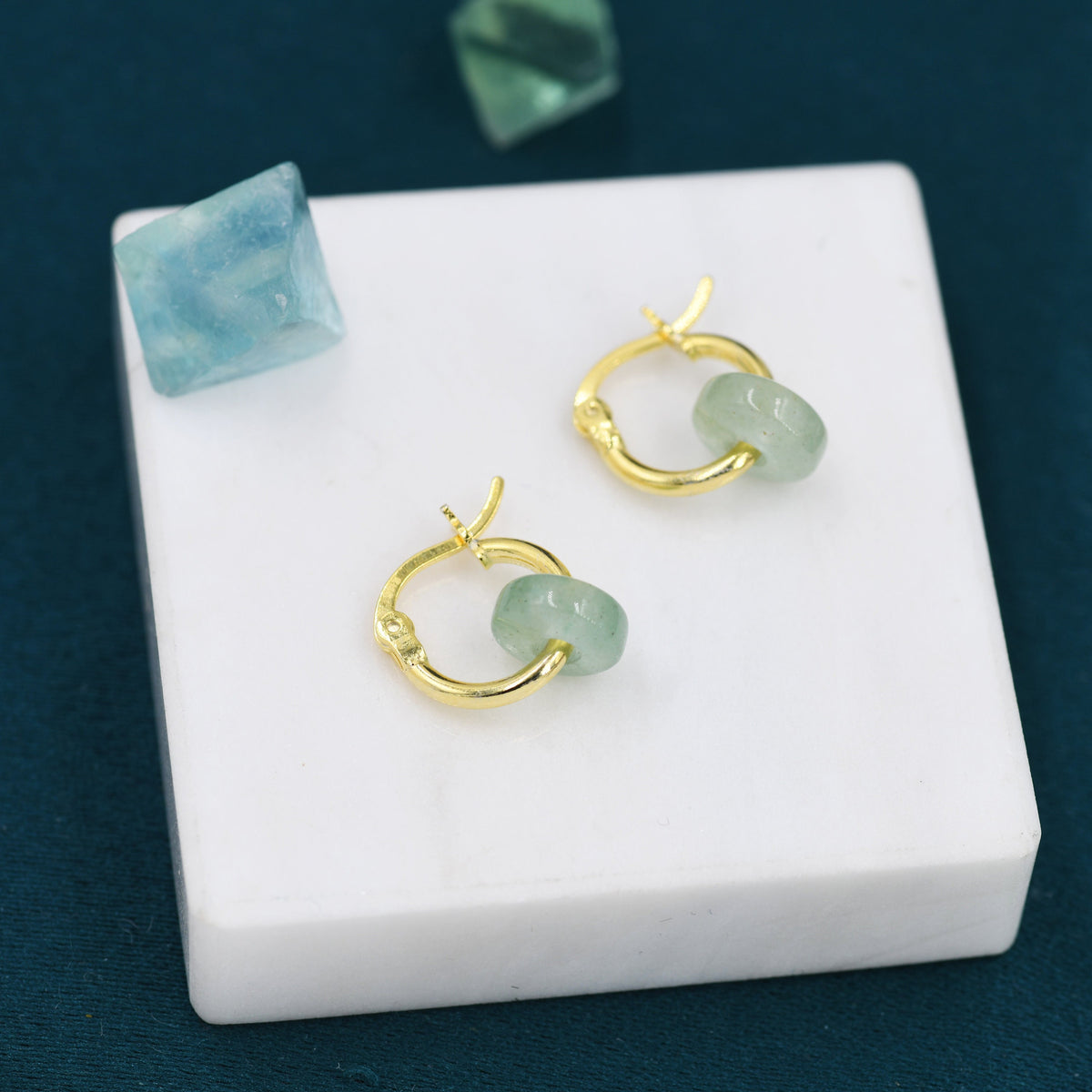 Sterling Silver Aventurine Jade Donut Huggie Hoop Earrings, Detachable Green Jade Coin Charm Dangle Hoop Earrings, Silver or Gold