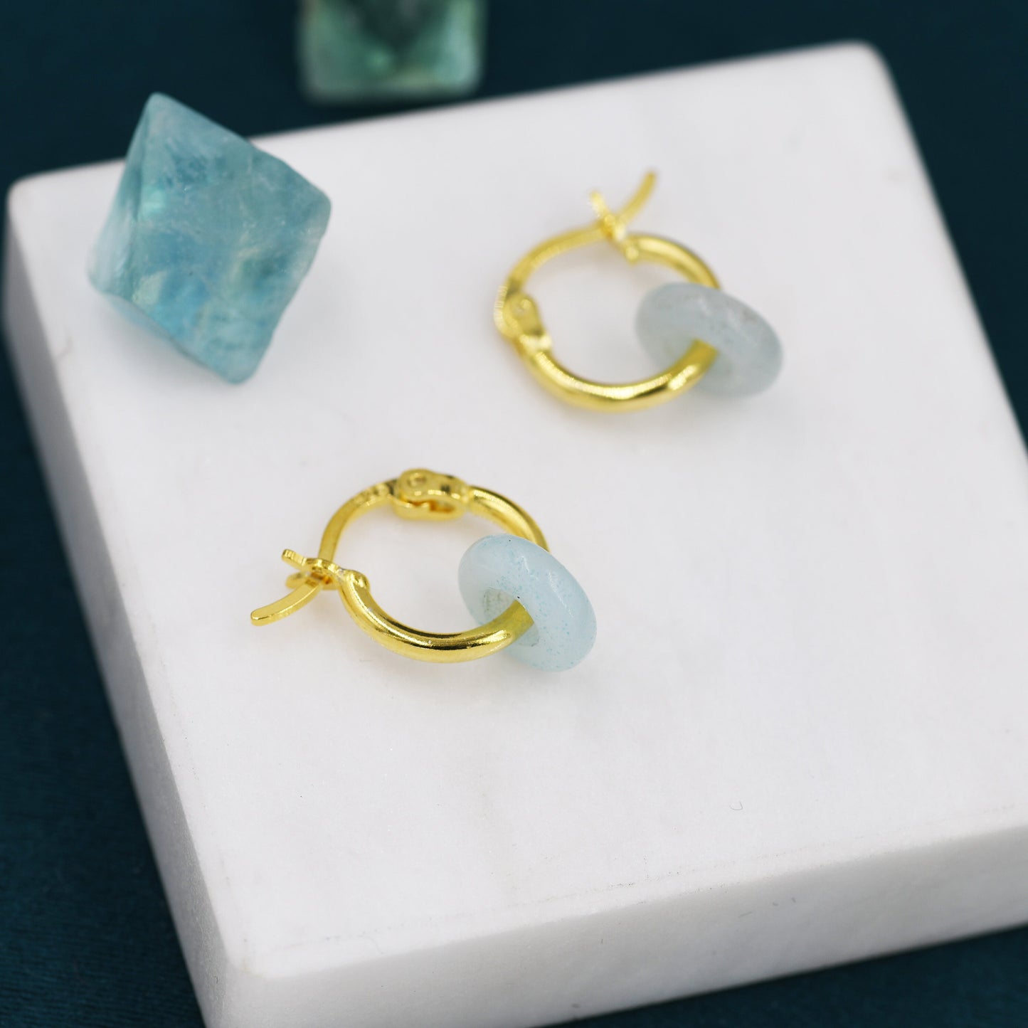 Sterling Silver Amazonite Skinny Donut Huggie Hoop Earrings, Detachable Amazonite Coin Charm Dangle Hoop Earrings, Silver or Gold