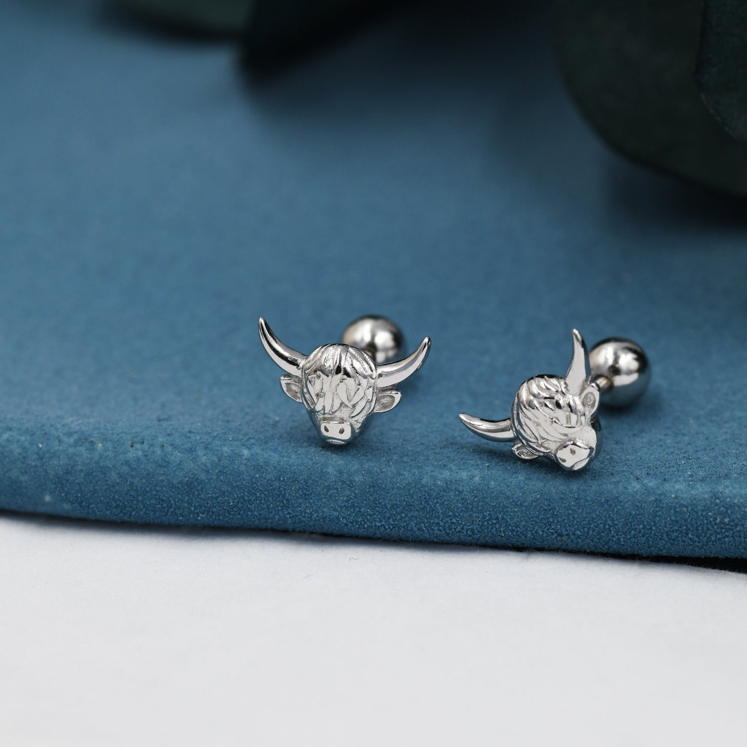 Tiny Highland Cow 18G Screw Back Earrings in Sterling Silver, Animal Earrings
