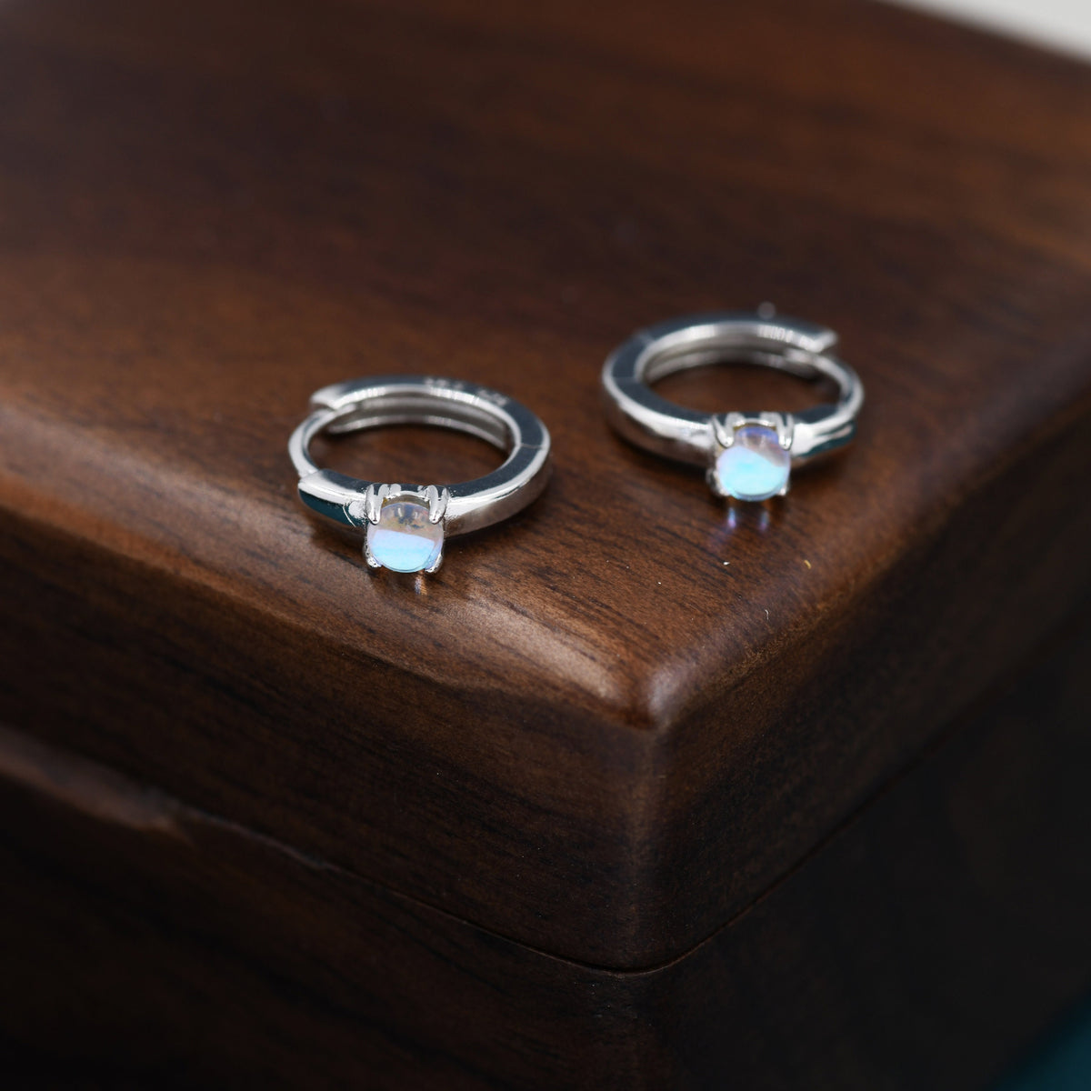 Delicate Moonstone Huggie Hoop Earrings in Sterling Silver, Tiny Moonstone Hoop Earrings