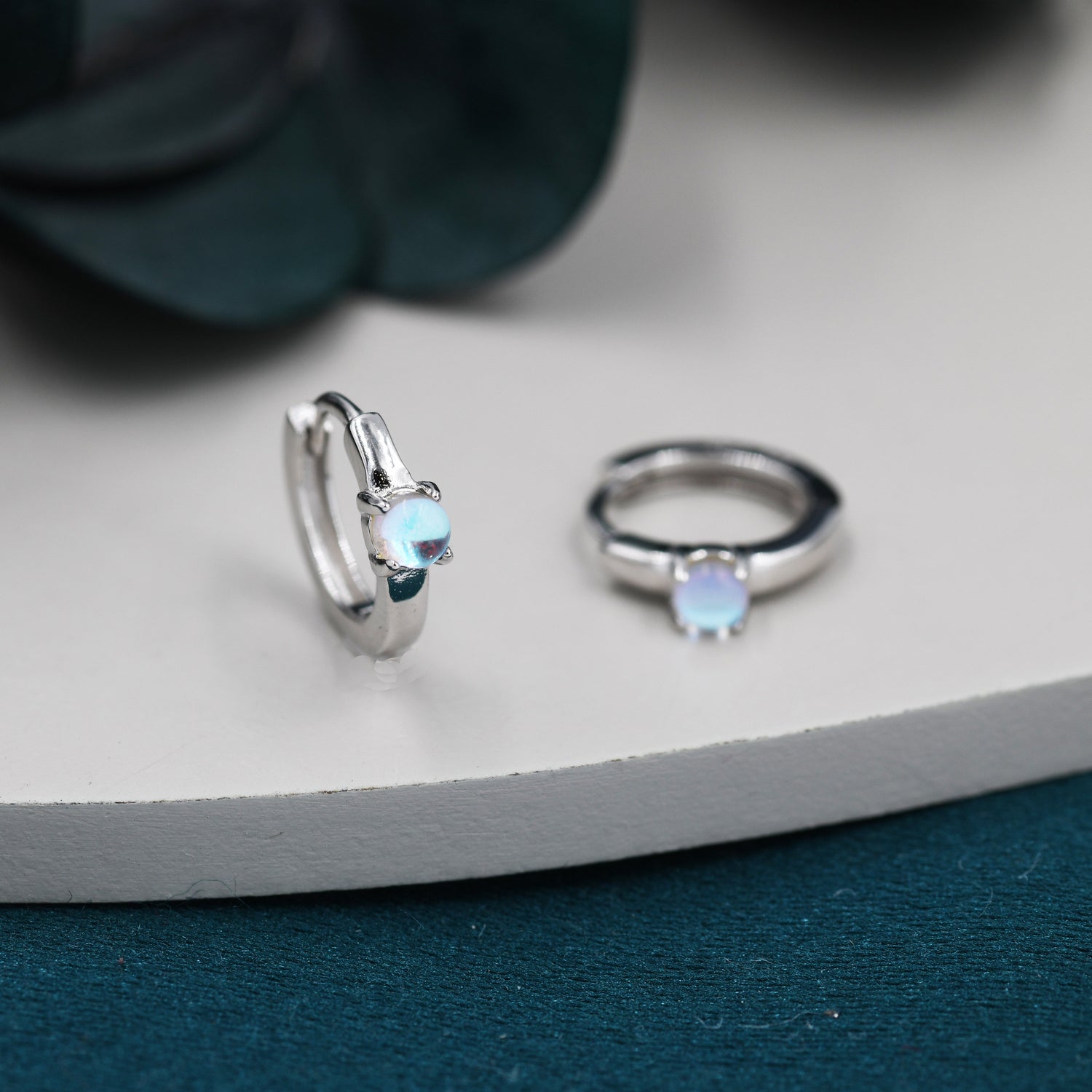Delicate Moonstone Huggie Hoop Earrings in Sterling Silver, Tiny Moonstone Hoop Earrings