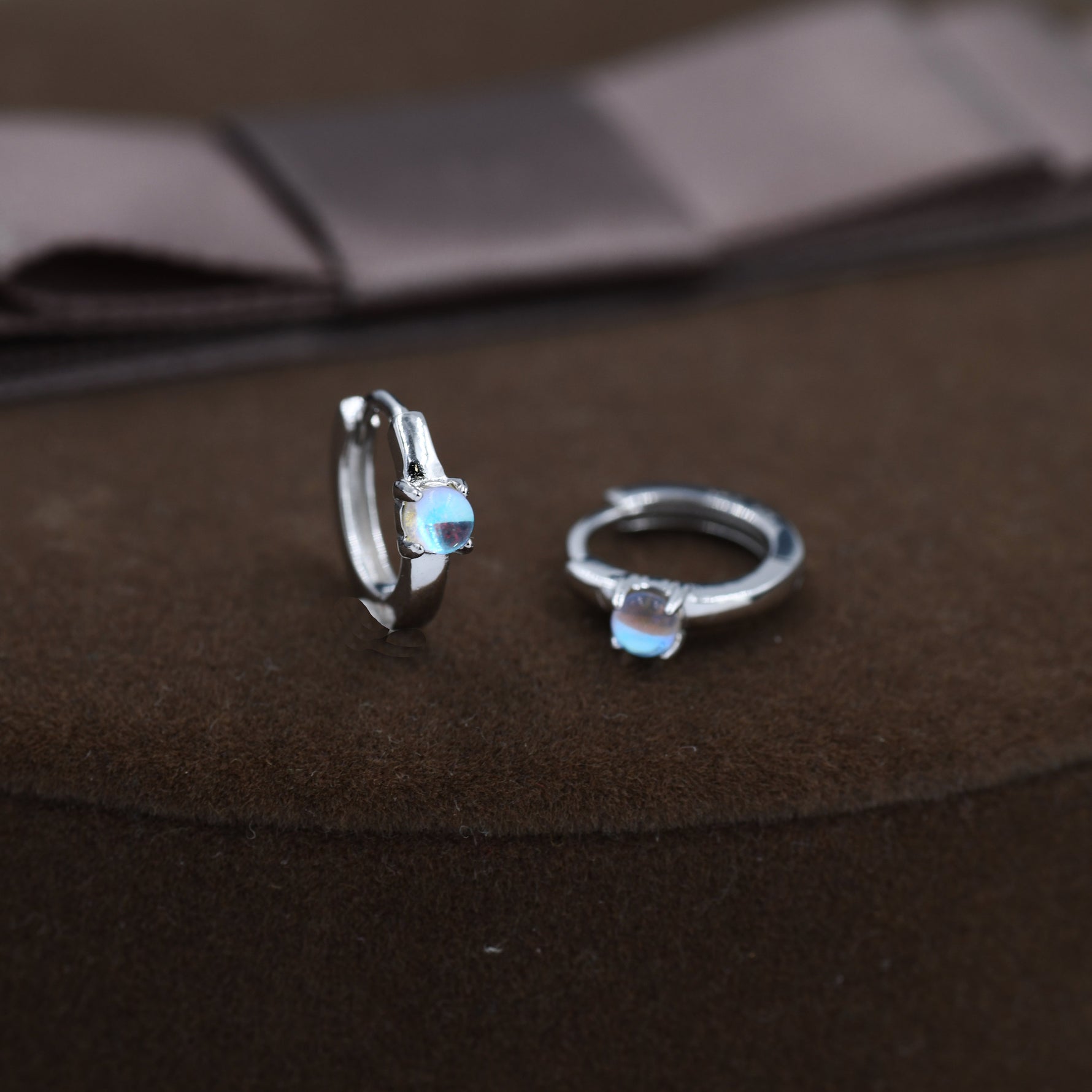 Delicate Moonstone Huggie Hoop Earrings in Sterling Silver, Tiny Moonstone Hoop Earrings