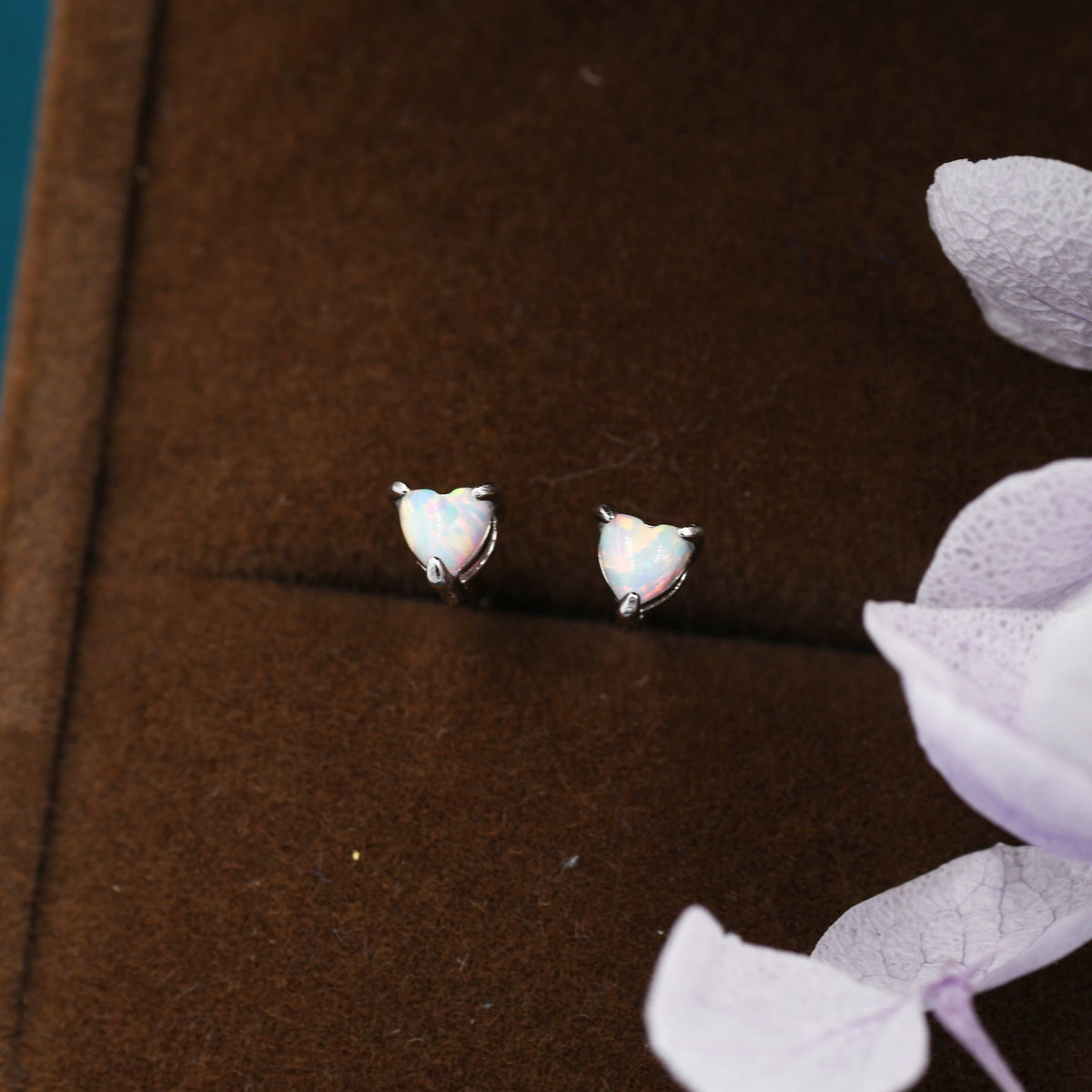 Extra Tiny White Opal Heart Stud Earrings in Sterling Silver - 3mm Fire Opal - Sustainable Lab Opal - Petite Stud Earrings