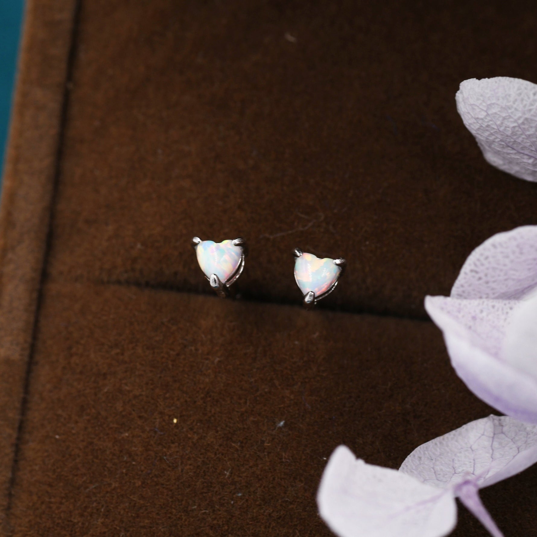 Extra Tiny White Opal Heart Stud Earrings in Sterling Silver - 3mm Fire Opal - Sustainable Lab Opal - Petite Stud Earrings