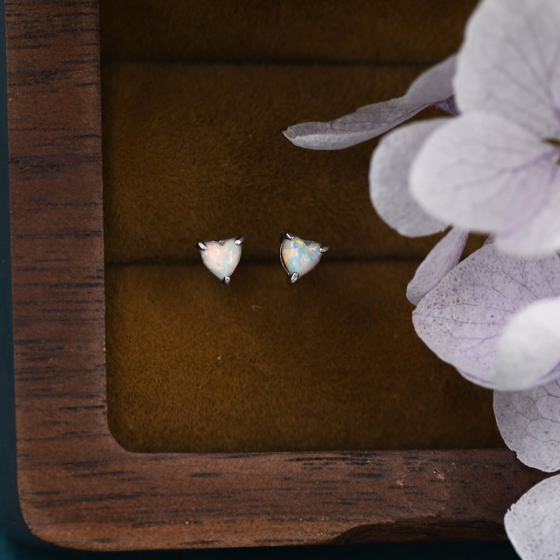Extra Tiny White Opal Heart Stud Earrings in Sterling Silver - 3mm Fire Opal - Sustainable Lab Opal - Petite Stud Earrings