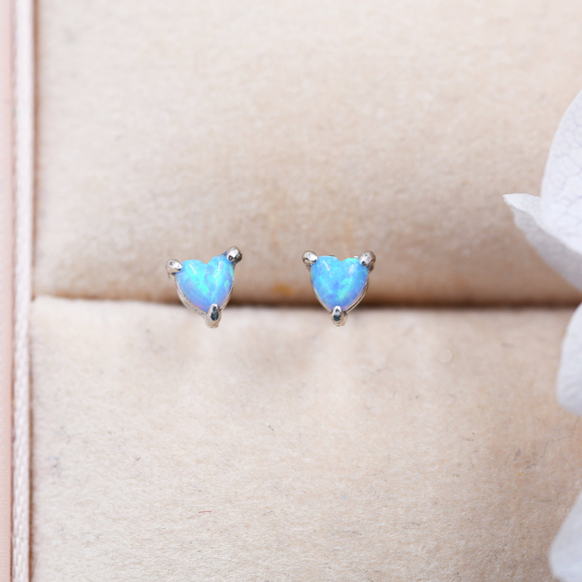 Extra Tiny Cosmic Blue Opal Heart Stud Earrings in Sterling Silver - 3mm Fire Opal - Sustainable Lab Opal - Petite Stud Earrings