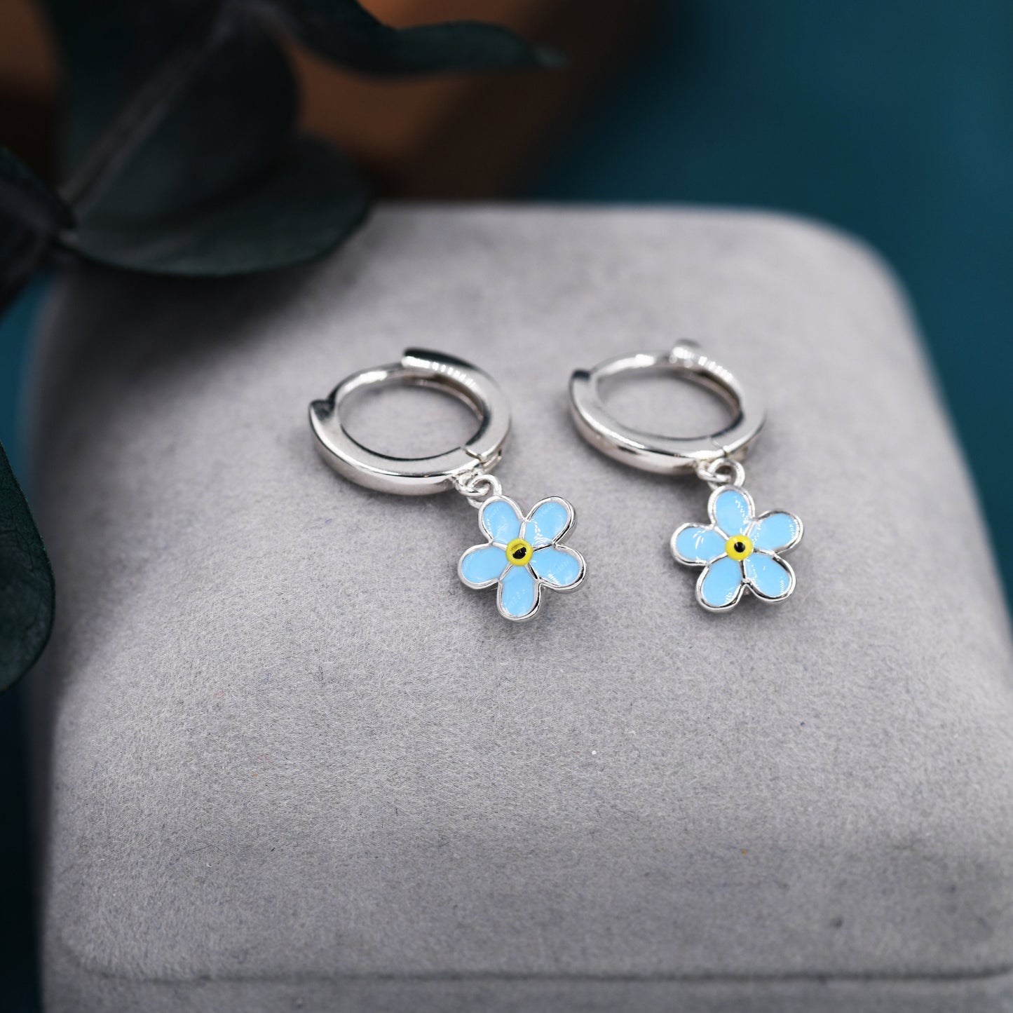 Sterling Silver Enamel Forget-me-not Flower Huggie Hoops, Dainty Dangle Forget Me Not Flower Earrings, Flower Hoops? Daisy Hoop Earrings