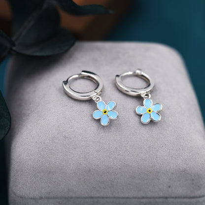 Sterling Silver Enamel Forget-me-not Flower Huggie Hoops, Dainty Dangle Forget Me Not Flower Earrings, Flower Hoops? Daisy Hoop Earrings