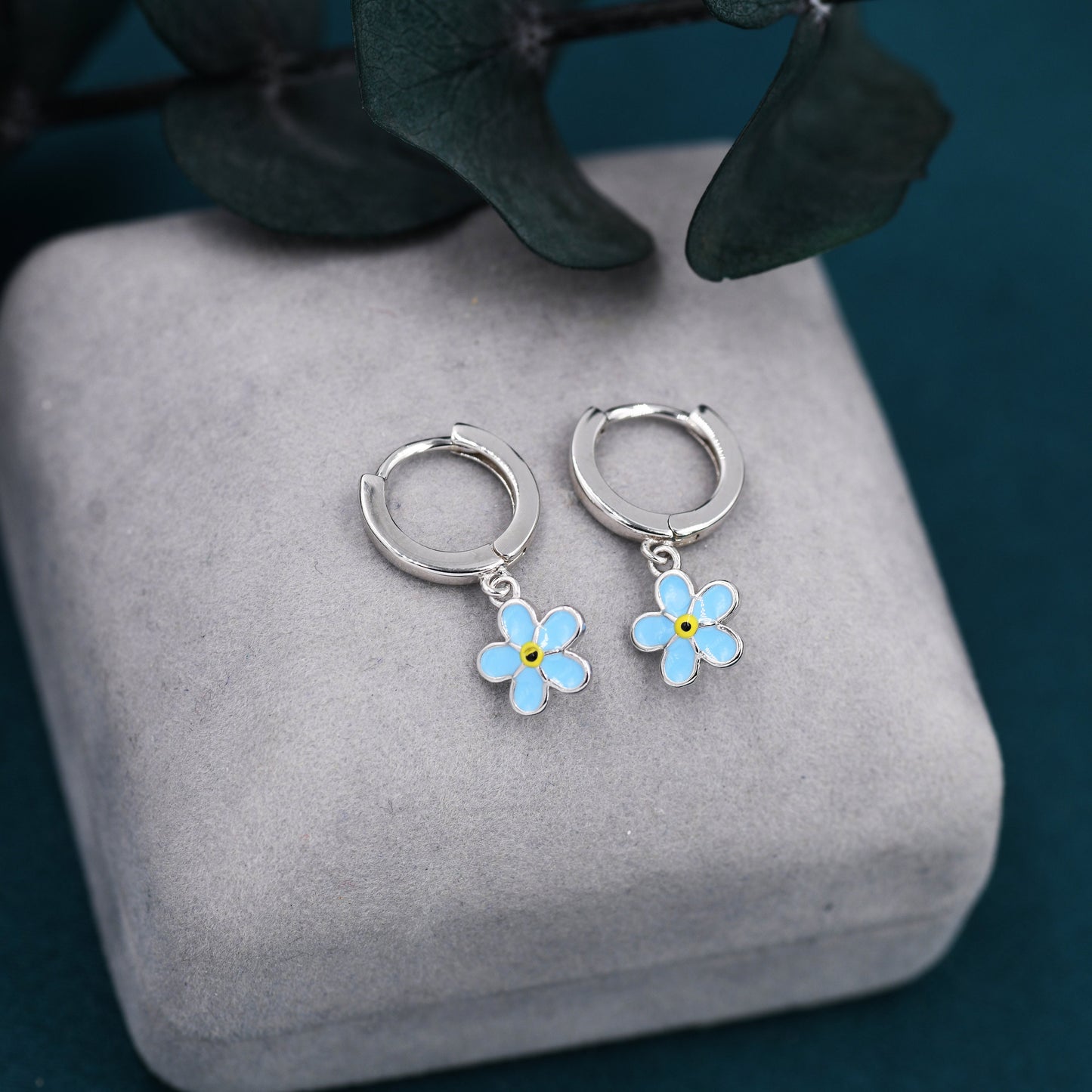 Sterling Silver Enamel Forget-me-not Flower Huggie Hoops, Dainty Dangle Forget Me Not Flower Earrings, Flower Hoops? Daisy Hoop Earrings