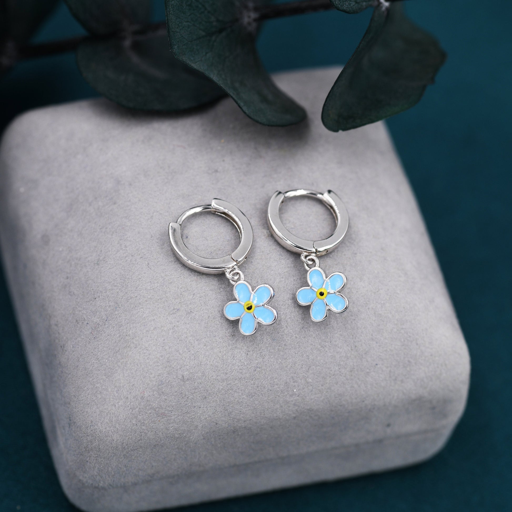Sterling Silver Enamel Forget-me-not Flower Huggie Hoops, Dainty Dangle Forget Me Not Flower Earrings, Flower Hoops? Daisy Hoop Earrings