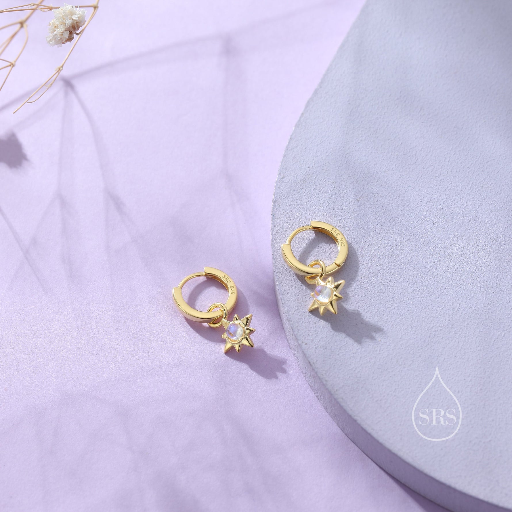Moonstone Starburst Huggie Hoop Earrings in Sterling Silver, Simulated Moonstone North Star Detachable Drop Earrings, Delicate Star Earrings