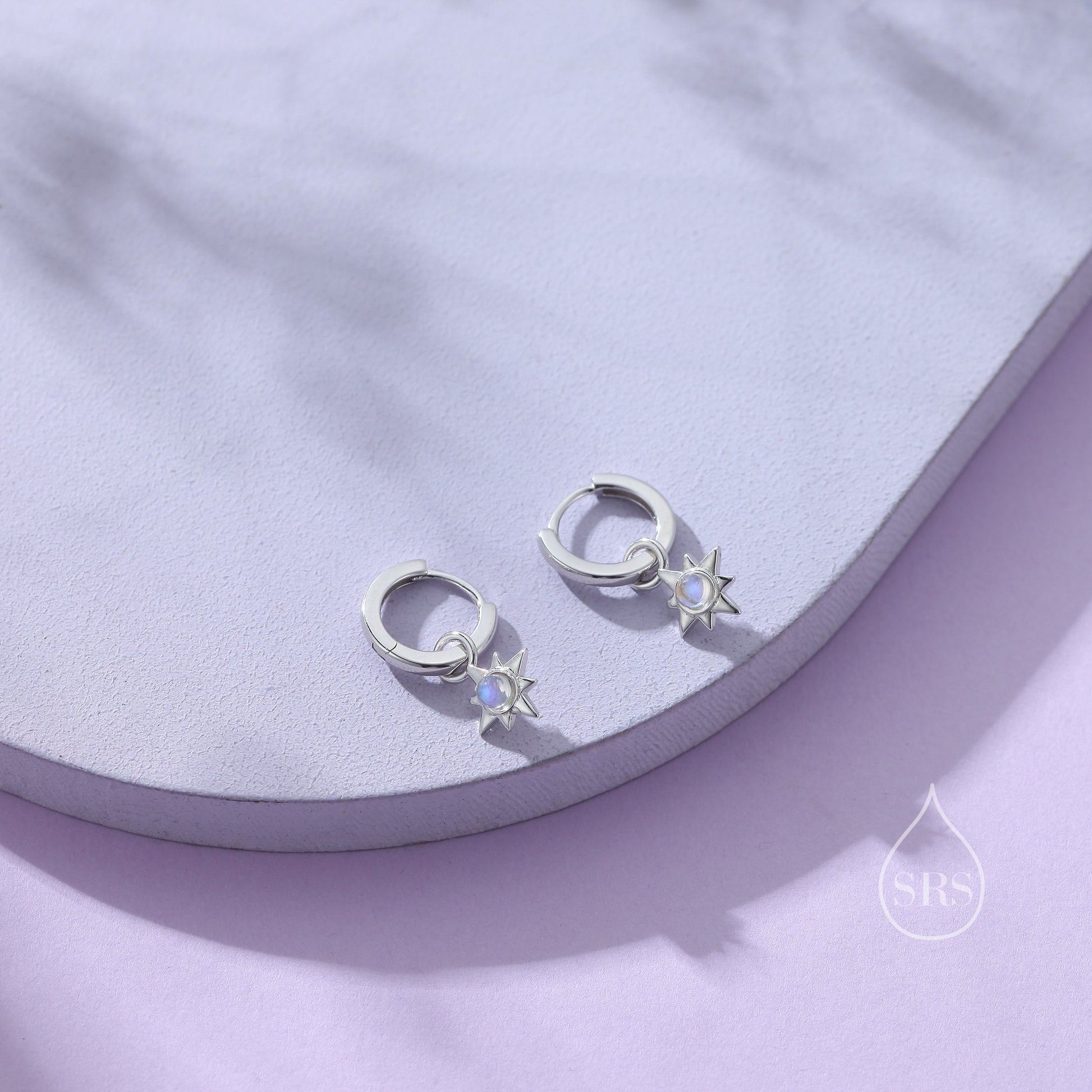 Moonstone Starburst Huggie Hoop Earrings in Sterling Silver, Simulated Moonstone North Star Detachable Drop Earrings, Delicate Star Earrings