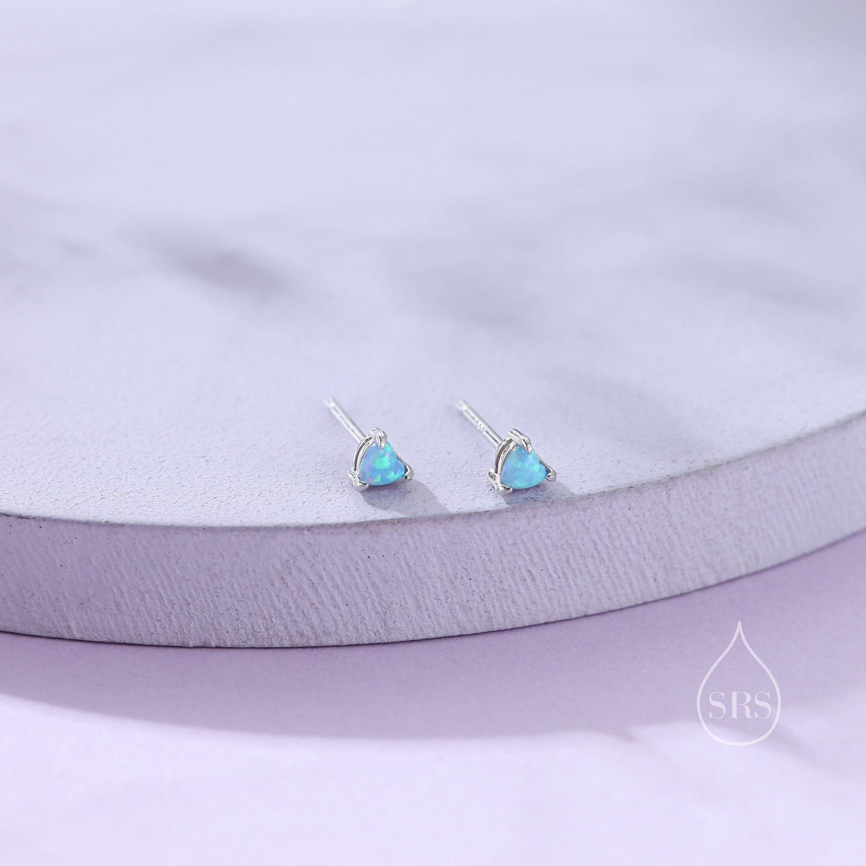 Extra Tiny Cosmic Blue Opal Heart Stud Earrings in Sterling Silver - 3mm Fire Opal - Sustainable Lab Opal - Petite Stud Earrings