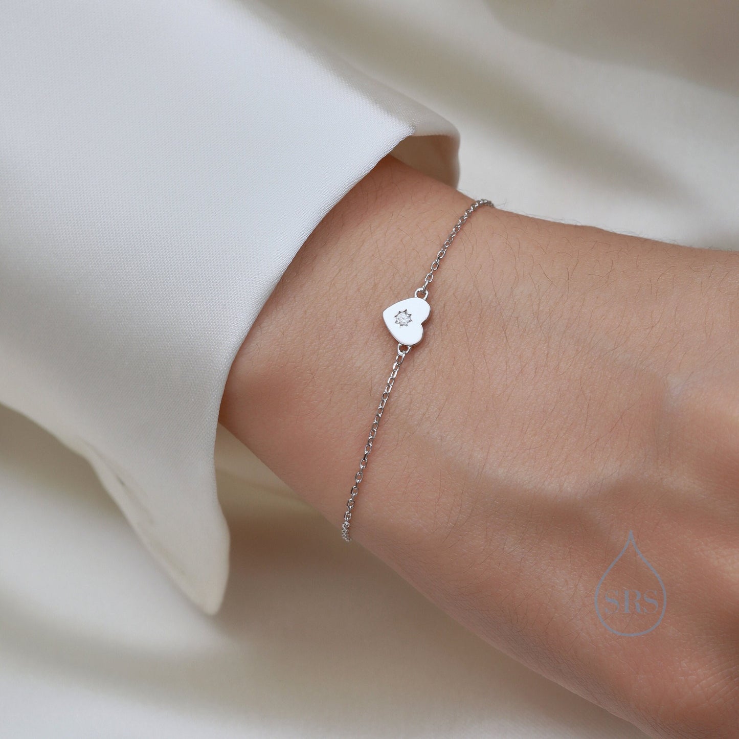 Tiny Heart with Starburst CZ Bracelet in Sterling Silver, Silver or Gold or Rose Gold, Small Heart Bracelet, Silver Heart Bracelet