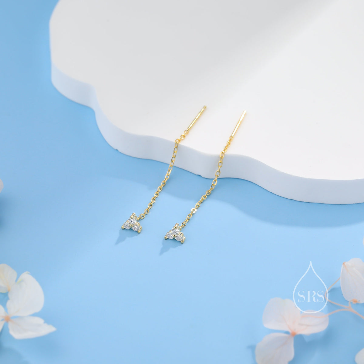 CZ Trio Flower Threader Earrings in Sterling Silver, Silver or Gold, Available in 6 Colours, Three Dot Crystal Ear Threaders