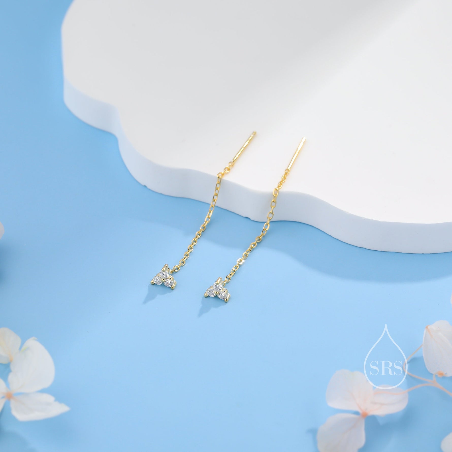 CZ Trio Flower Threader Earrings in Sterling Silver, Silver or Gold, Available in 6 Colours, Three Dot Crystal Ear Threaders