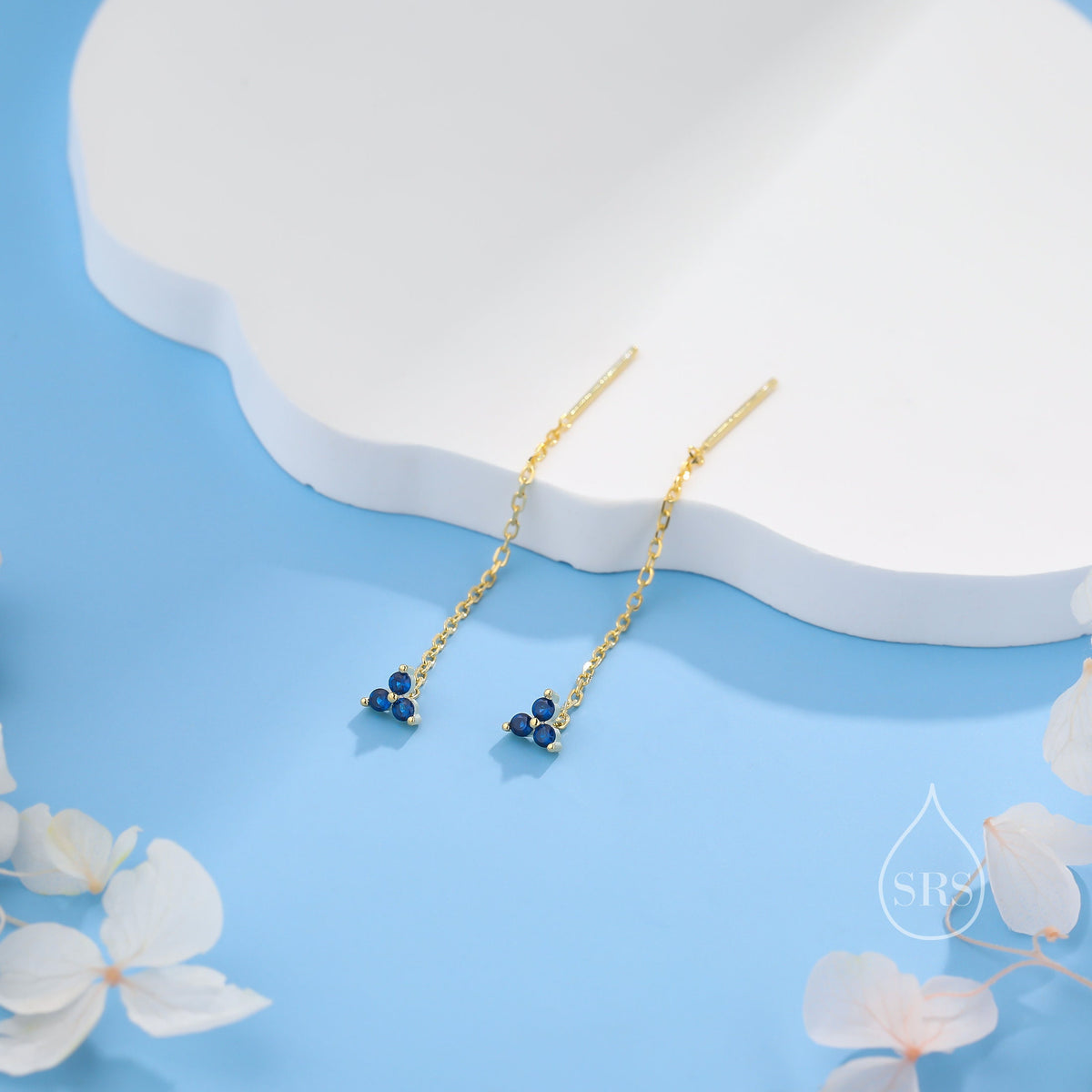CZ Trio Flower Threader Earrings in Sterling Silver, Silver or Gold, Available in 6 Colours, Three Dot Crystal Ear Threaders