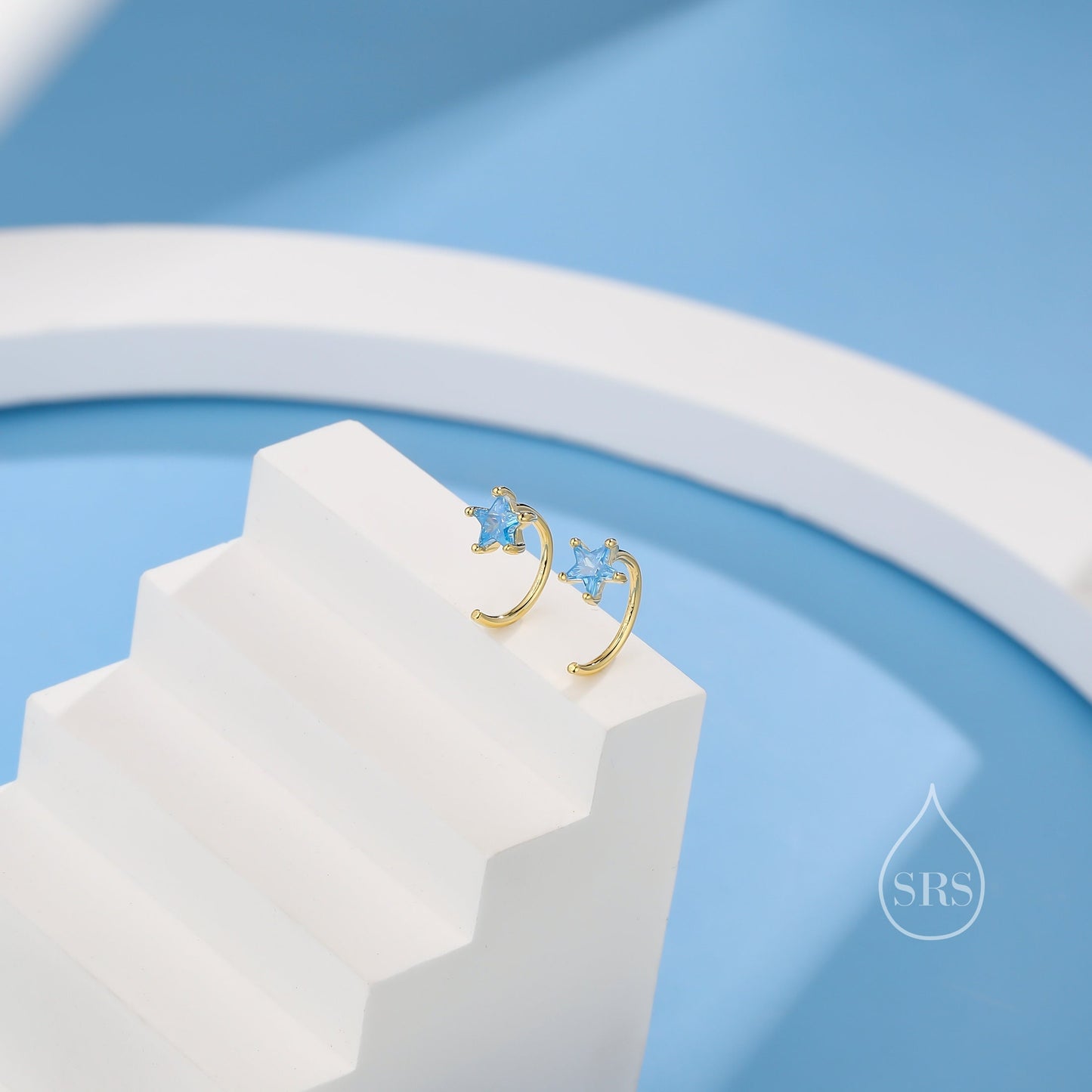 CZ Star Huggie Hoop Earrings in Sterling Silver, Available in 4 Colours, Tiny Star CZ Open Hoops, Pull Through Threaders