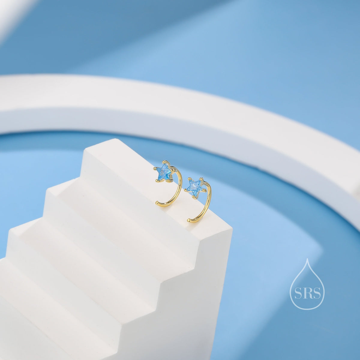 Aquamarine Blue CZ Star Huggie Hoop Earrings in Sterling Silver, Tiny Blue Star CZ Trio Open Hoops, Pull Through Threaders, Half Hoops