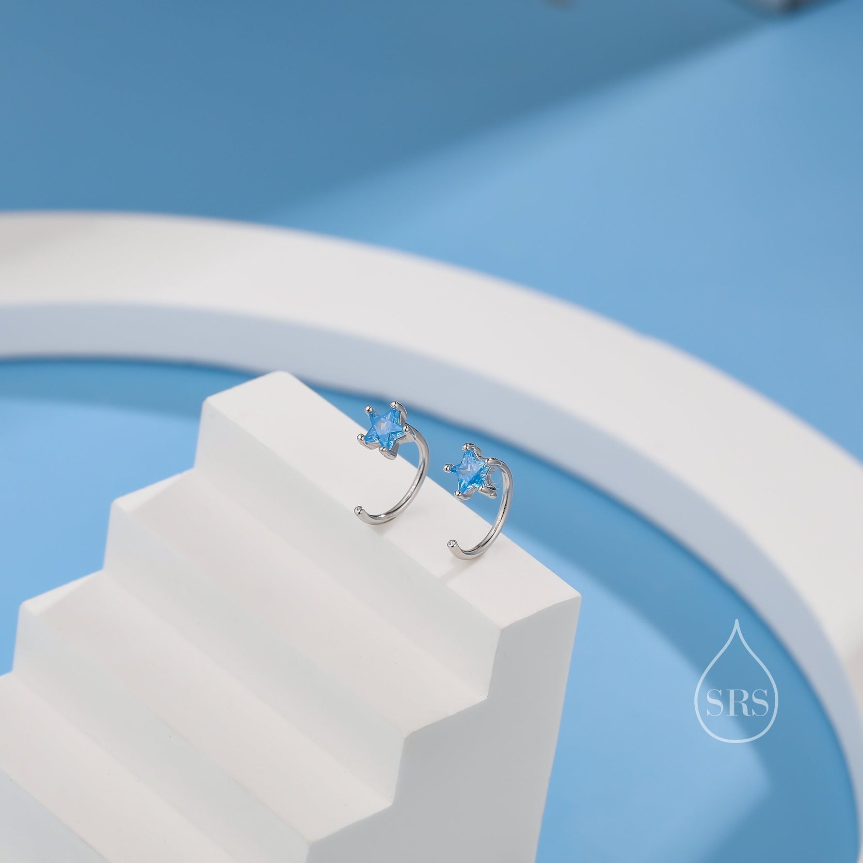 Aquamarine Blue CZ Star Huggie Hoop Earrings in Sterling Silver, Tiny Blue Star CZ Trio Open Hoops, Pull Through Threaders, Half Hoops