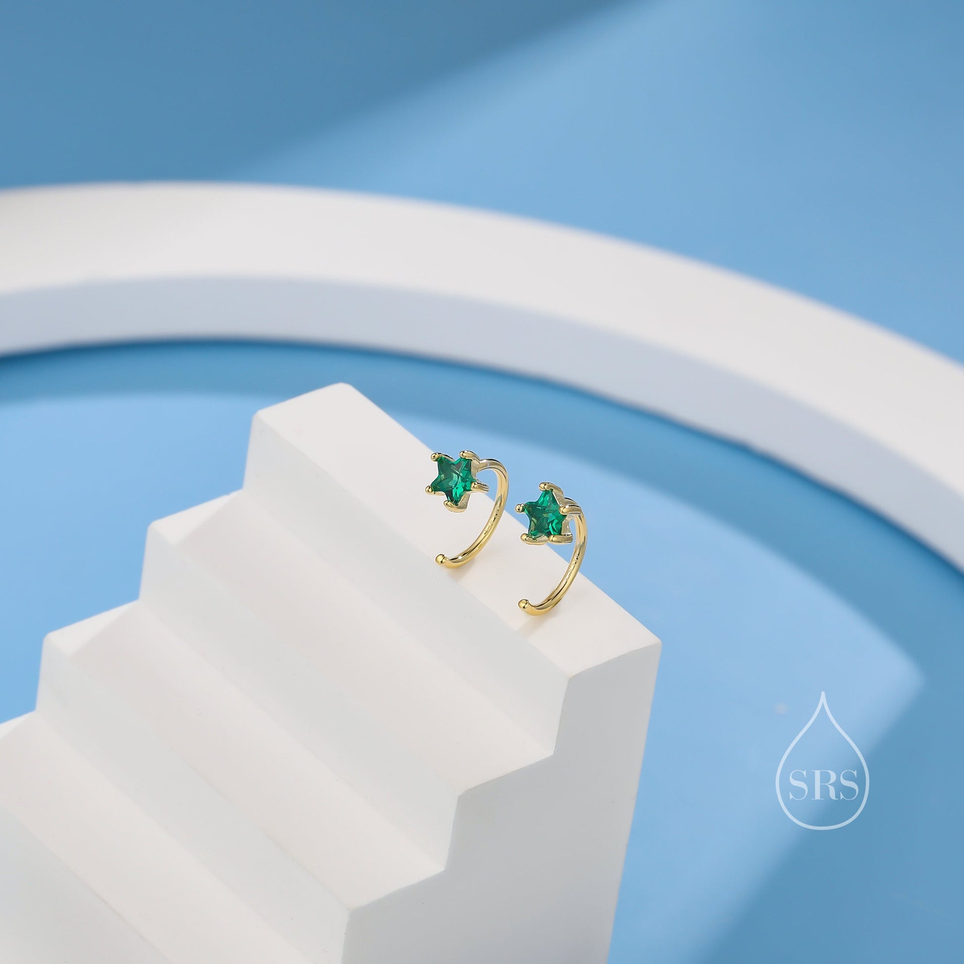 Emerald Green CZ Star Huggie Hoop Earrings in Sterling Silver, Tiny Green Star CZ Trio Open Hoops, Pull Through Threaders, Half Hoops