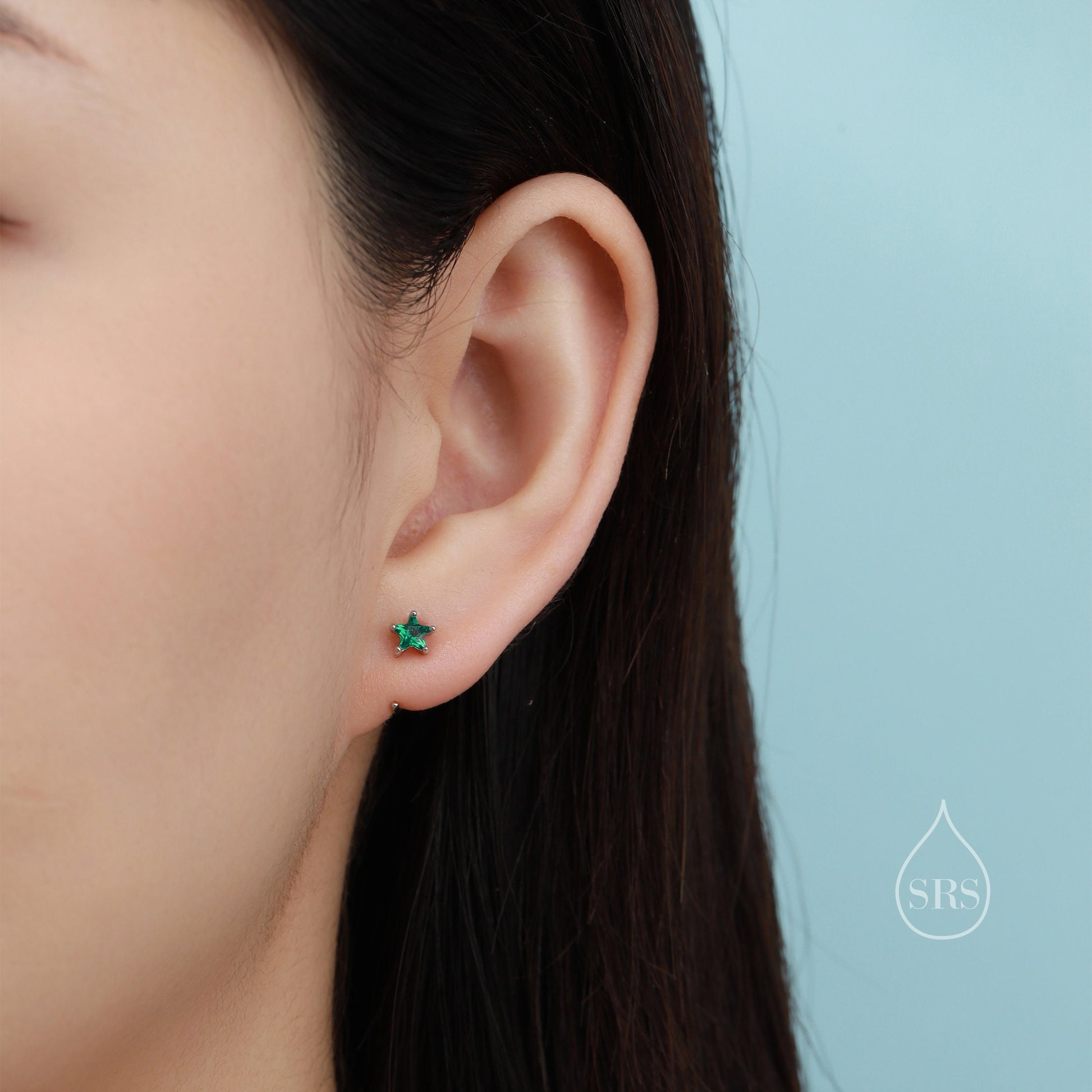 Emerald Green CZ Star Huggie Hoop Earrings in Sterling Silver, Tiny Green Star CZ Trio Open Hoops, Pull Through Threaders, Half Hoops