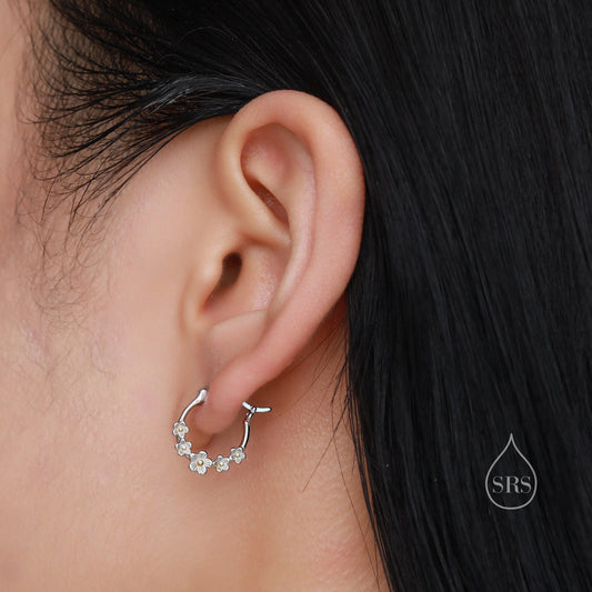 Forget Me Not Flower Cluster Hoop Earrings in Sterling Silver, Flower Bouquet Hoops