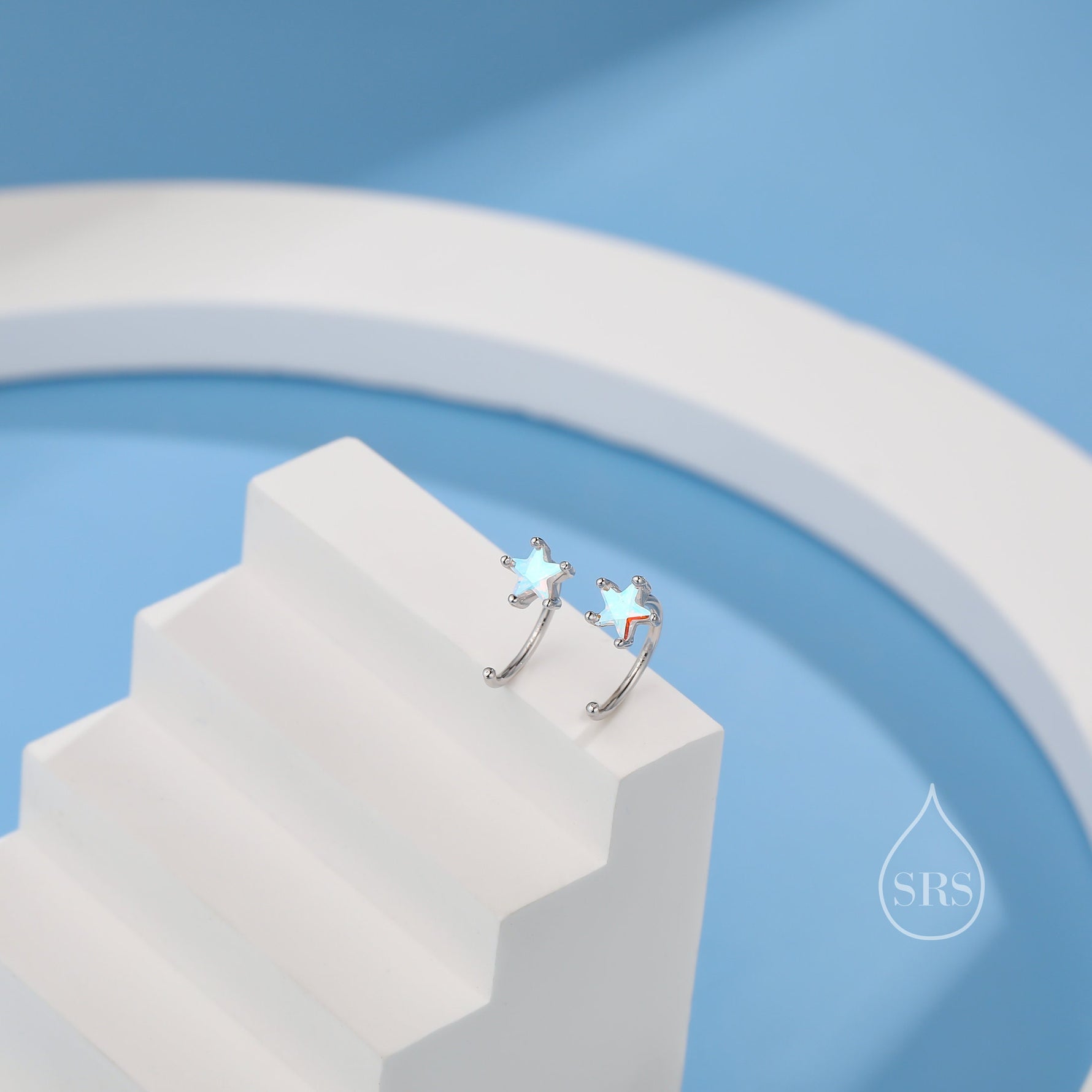 CZ Star Huggie Hoop Earrings in Sterling Silver, Available in 4 Colours, Tiny Star CZ Open Hoops, Pull Through Threaders