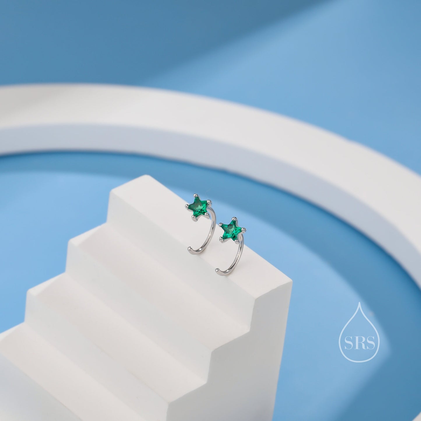 CZ Star Huggie Hoop Earrings in Sterling Silver, Available in 4 Colours, Tiny Star CZ Open Hoops, Pull Through Threaders