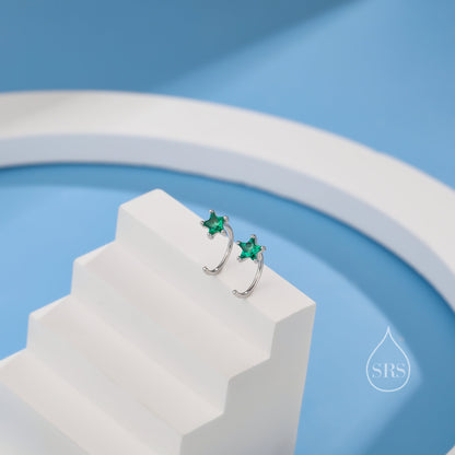 CZ Star Huggie Hoop Earrings in Sterling Silver, Available in 4 Colours, Tiny Star CZ Open Hoops, Pull Through Threaders