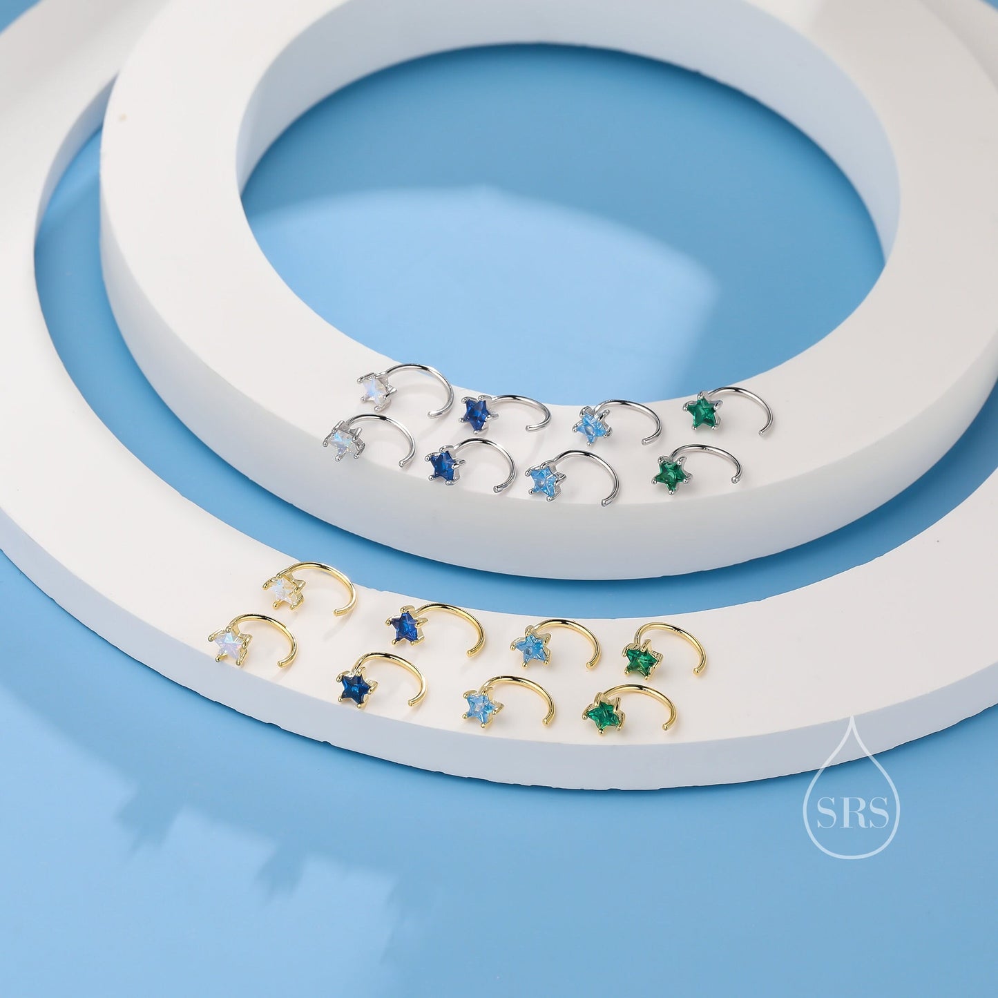 CZ Star Huggie Hoop Earrings in Sterling Silver, Available in 4 Colours, Tiny Star CZ Open Hoops, Pull Through Threaders