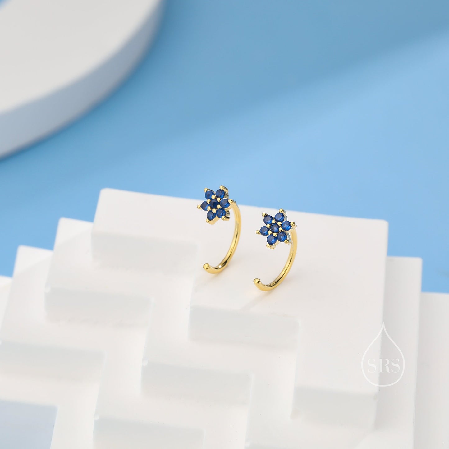 Sapphire Blue Flower Huggie Hoop Earrings in Sterling Silver, Tiny CZ Cluster Open Hoops, Pull Through Threaders, Half Hoops