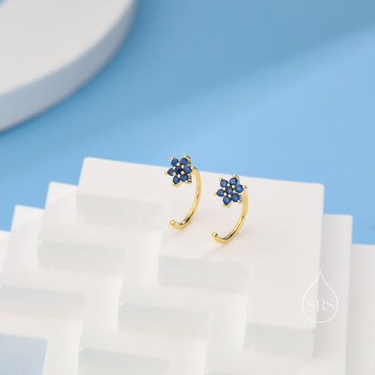 Sapphire Blue Flower Huggie Hoop Earrings in Sterling Silver, Tiny CZ Cluster Open Hoops, Pull Through Threaders, Half Hoops