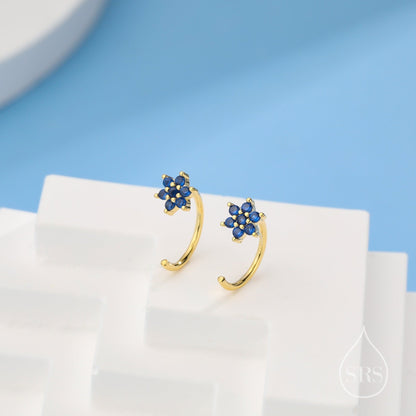 Sapphire Blue Flower Huggie Hoop Earrings in Sterling Silver, Tiny CZ Cluster Open Hoops, Pull Through Threaders, Half Hoops