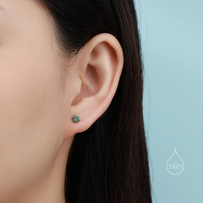 Emerald Green Flower Huggie Hoop Earrings in Sterling Silver, Tiny CZ Cluster Open Hoops, Pull Through Threaders, Half Hoops