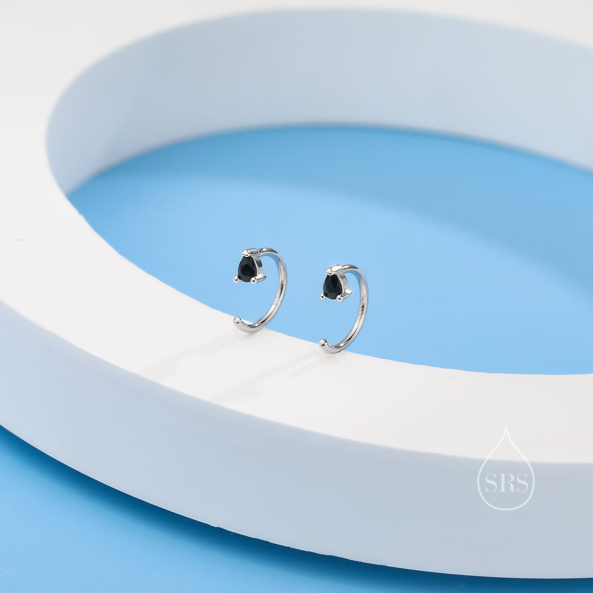 Black CZ Droplet Huggie Hoop Earrings in Sterling Silver, Tiny Pear Cut CZ Open Hoops, Pull Through Threaders, Half Hoops
