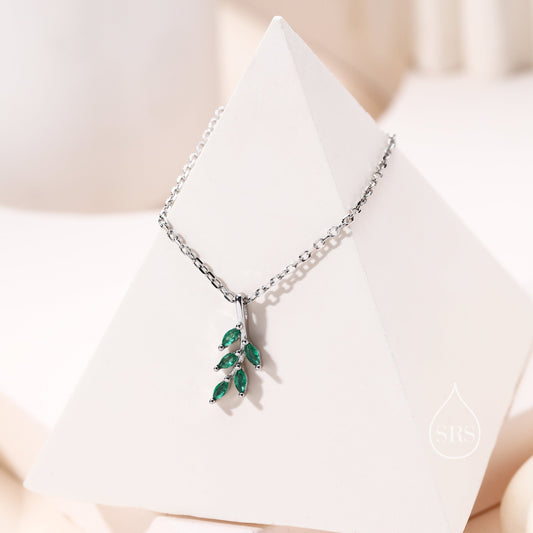 Tiny Little Emerald Green CZ Leaf Pendant Necklace in Sterling Silver, Olive Leaf Necklace, Olive Branch Necklace, Nature Inspired