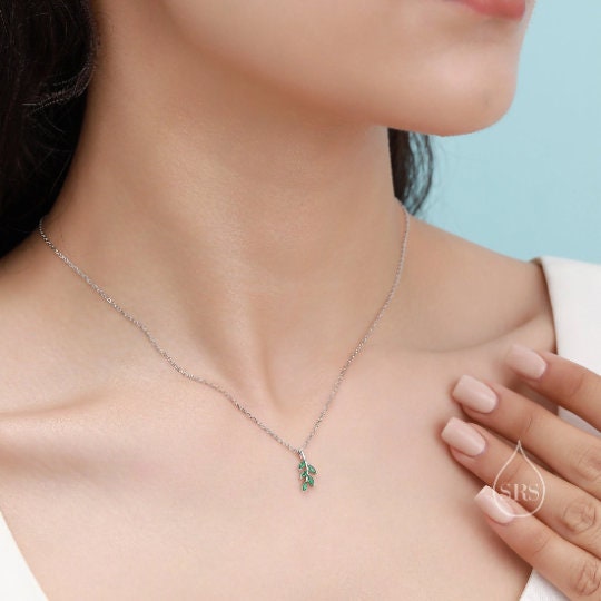Tiny Little CZ Leaf Pendant Necklace in Sterling Silver, Green or Clear CZ, Olive Leaf Necklace, Olive Branch Necklace, Nature Inspired