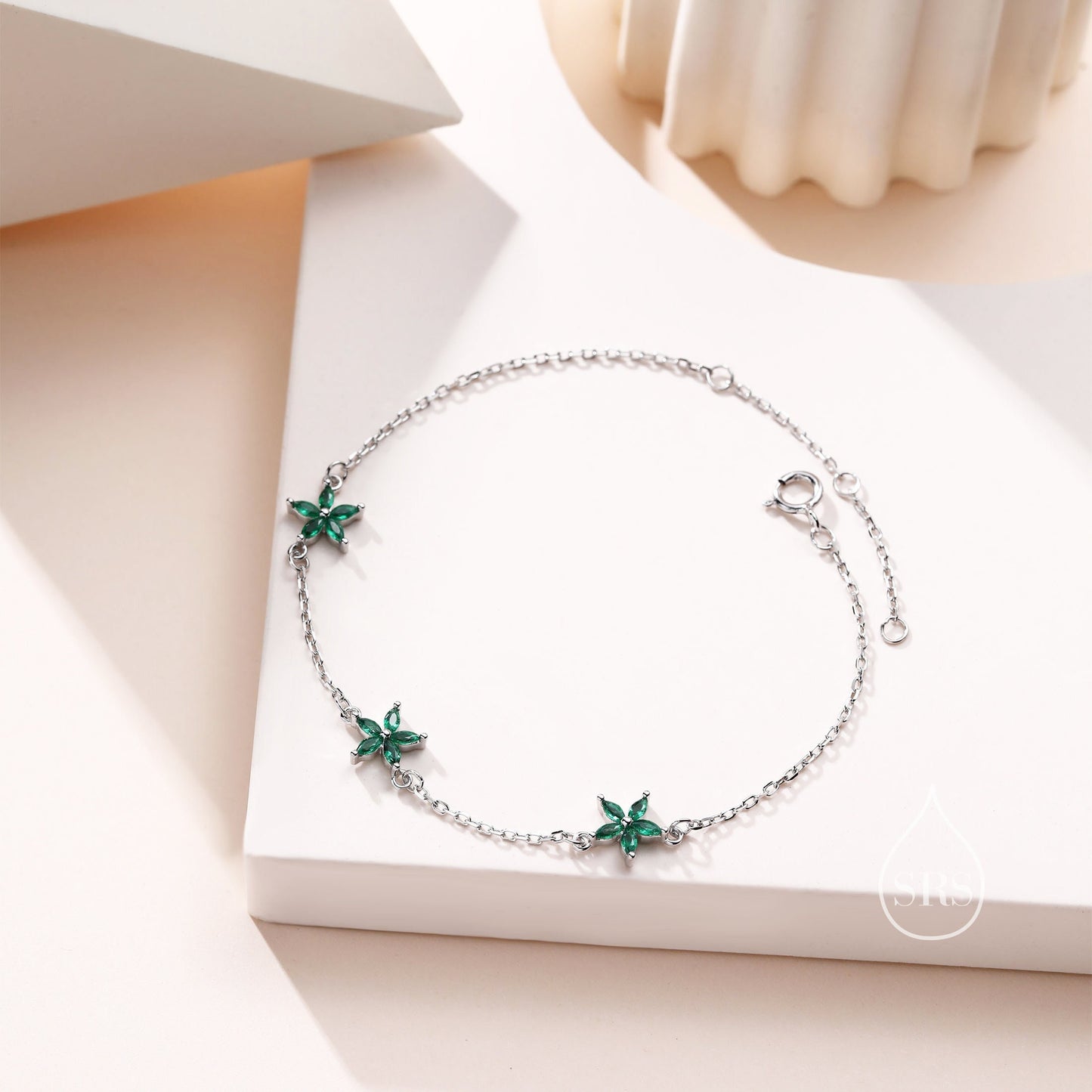 Tiny CZ Flower Bracelet in Sterling Silver, Silver or Gold , Available in 4 Colours, Silver or Gold, Marquise Flower Bracelet