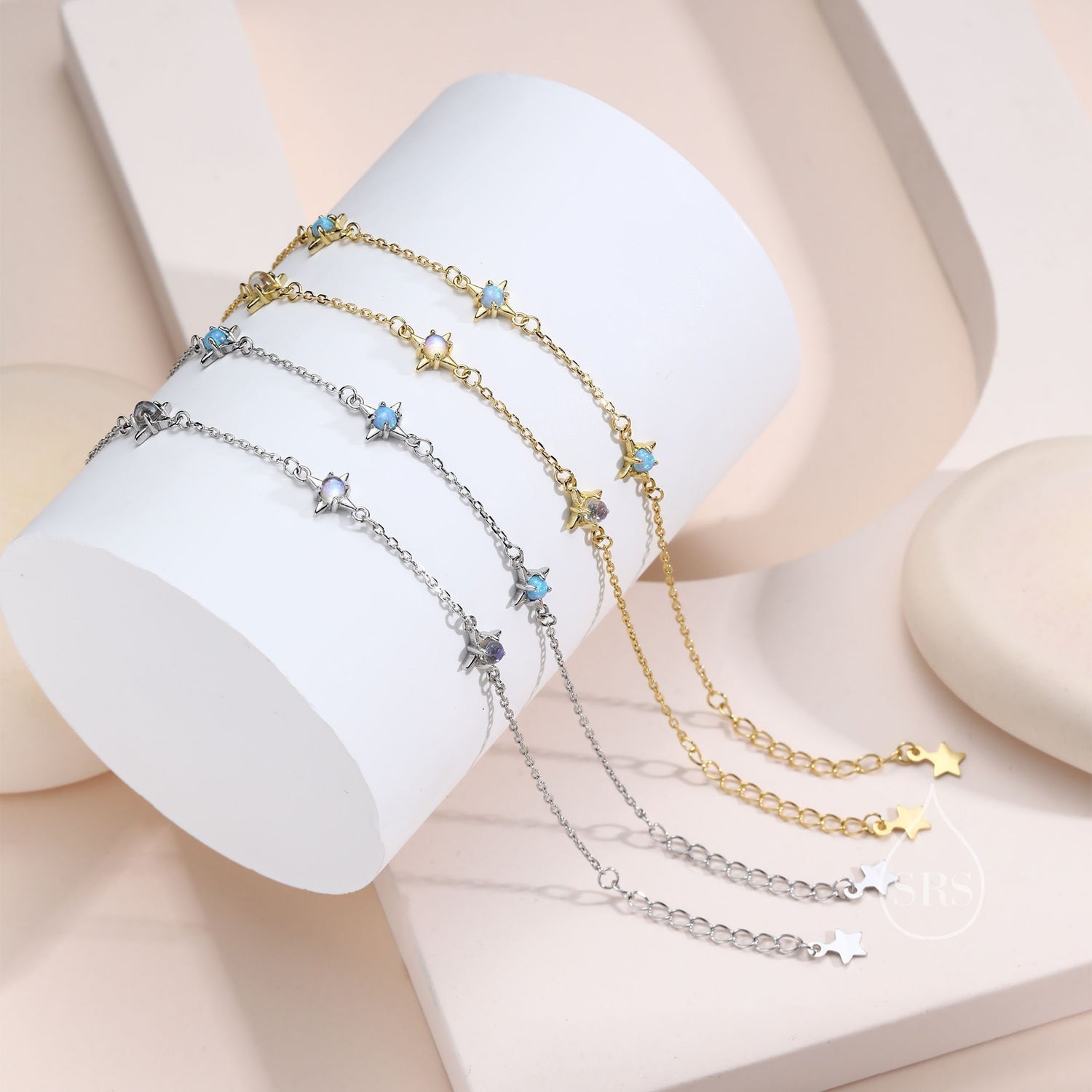 Opal & Moonstone Starburst Trio Charm Bracelet